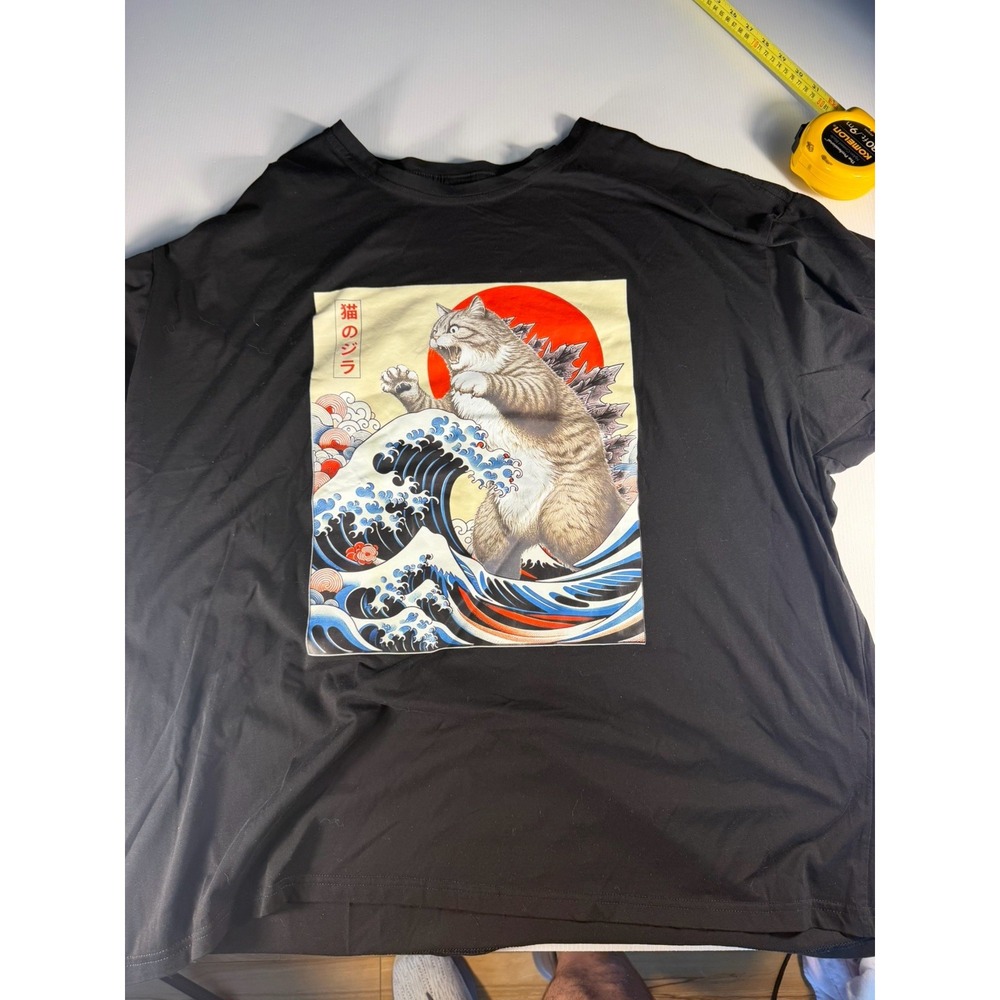 Japanese Wave Cat Graphic T-Shirt Black 3XL Ukiyo-e Style